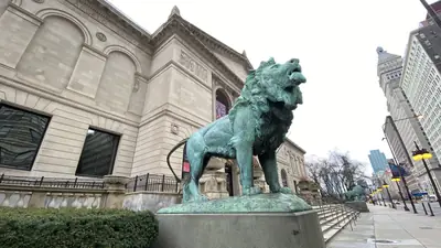 A bronze lion outside the Art Institute of Chicago on Michigan Avenue