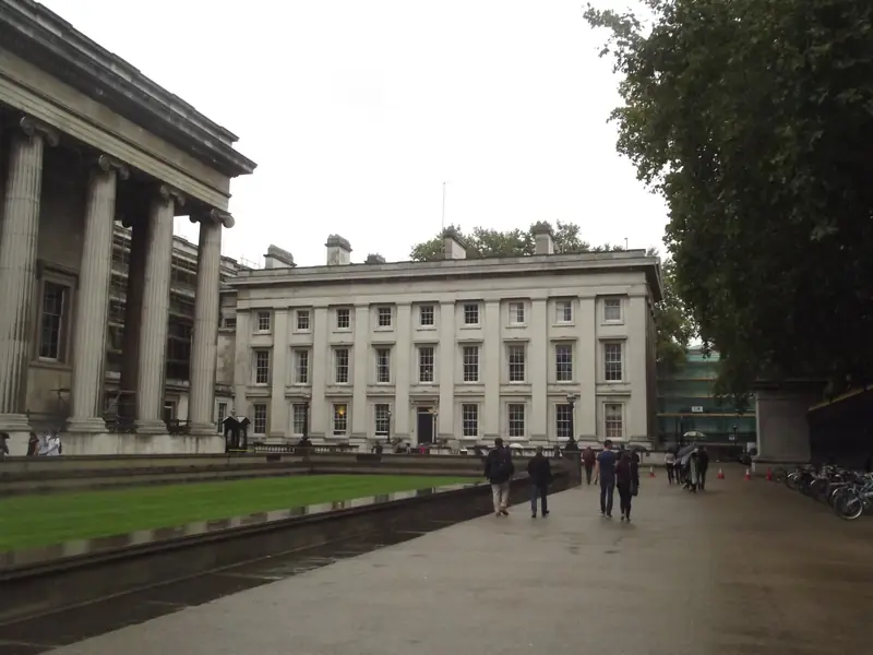 Greek Revival colonnades around the British Museum forecourt