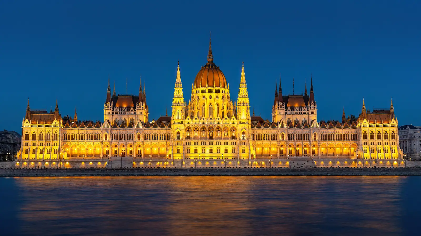 The Hungarian Parliament Building on the Danube at dusk, Budapest
