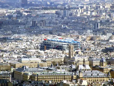 The Centre Pompidou seen from above among the rooftops of Paris