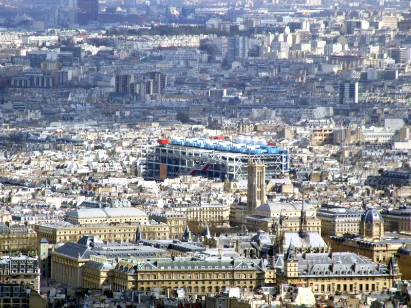 The Centre Pompidou seen from above among the rooftops of Paris