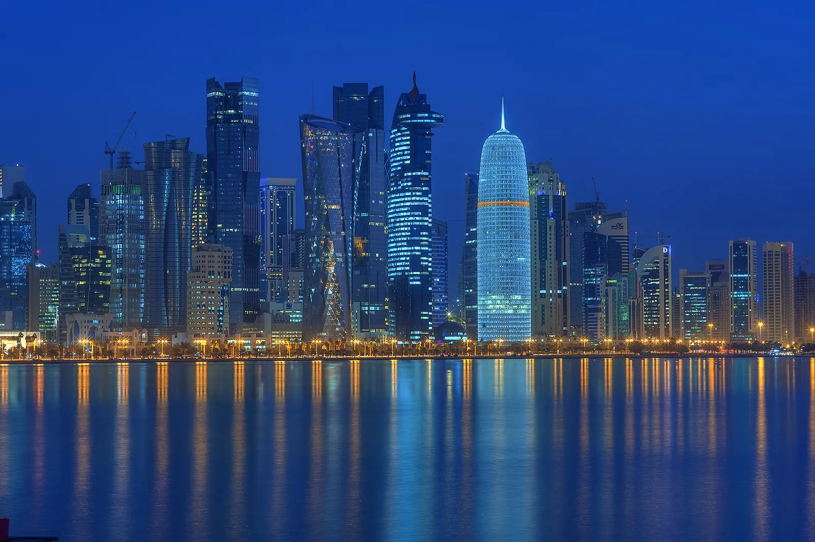 The West Bay towers seen from the Doha Corniche at night