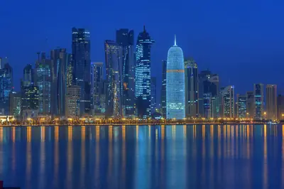 The West Bay towers seen from the Doha Corniche at night