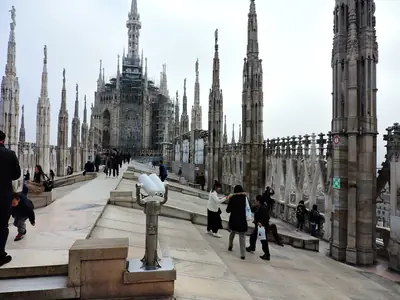 Spires and statues on the roof terraces of Milan Cathedral