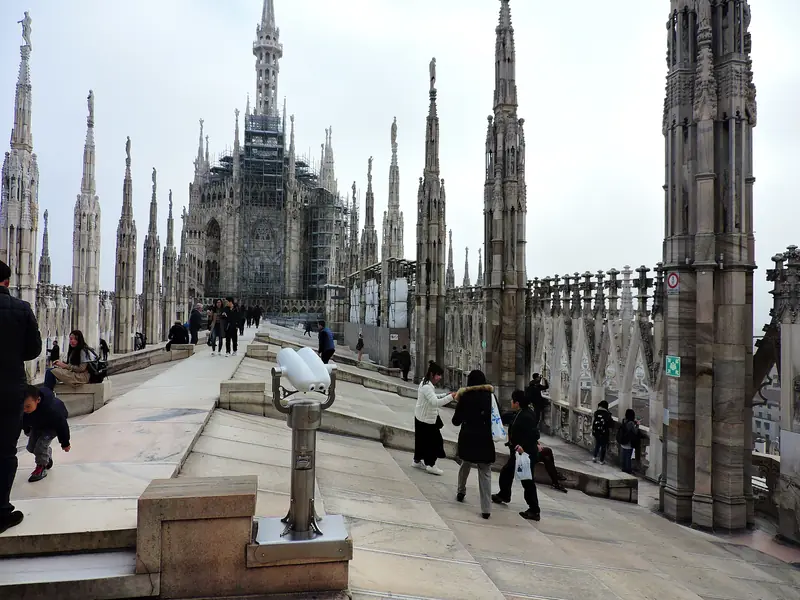 Spires and statues on the roof terraces of Milan Cathedral