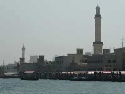 The waterfront of Dubai Creek seen from an abra water taxi
