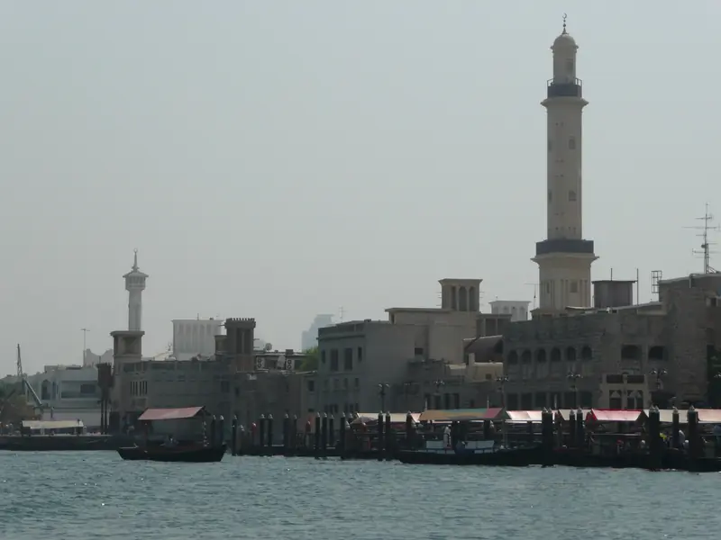The waterfront of Dubai Creek seen from an abra water taxi