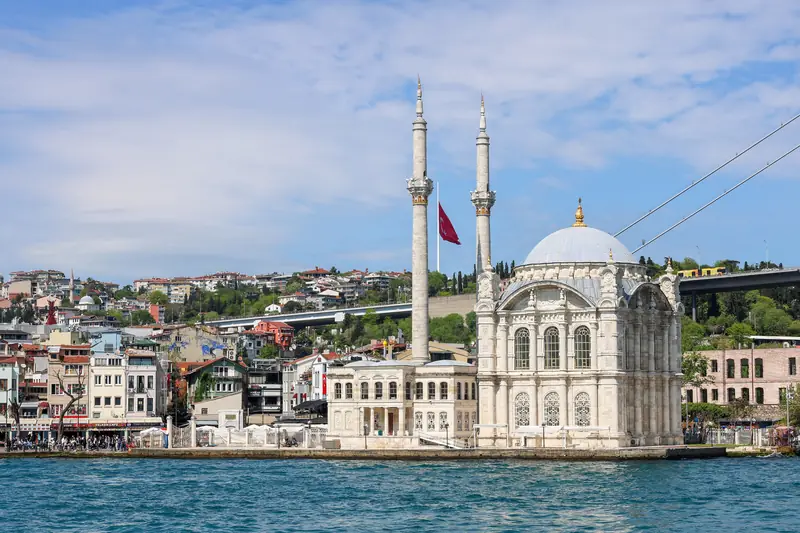 Ortaköy Mosque on the Bosphorus shore beneath the Bosphorus Bridge