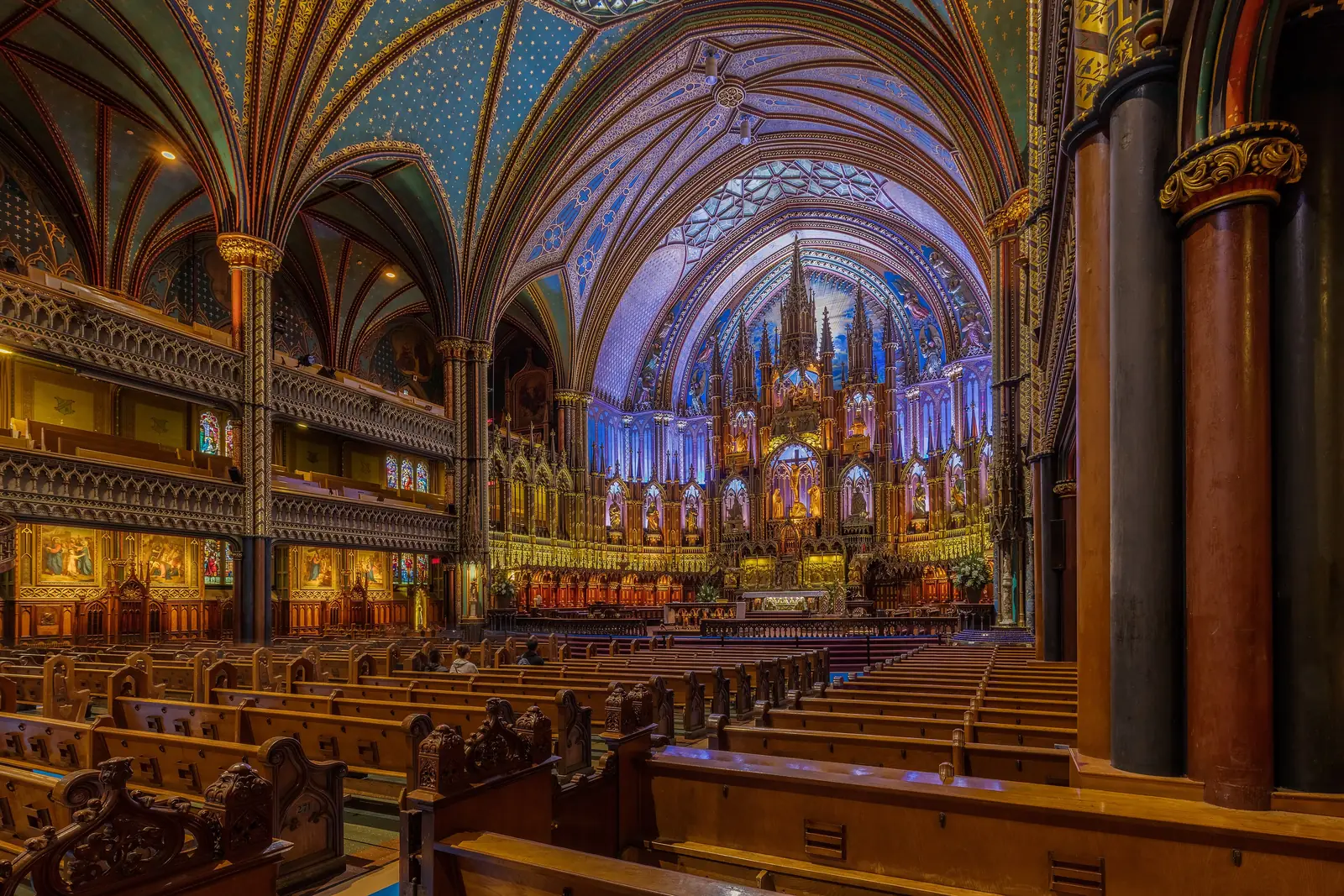 The blue-and-gold interior of Notre-Dame Basilica, Montreal