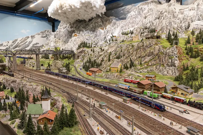 Trains winding through the Austrian Alps section of Miniatur Wunderland