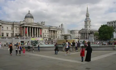 The National Gallery's portico on the north side of Trafalgar Square