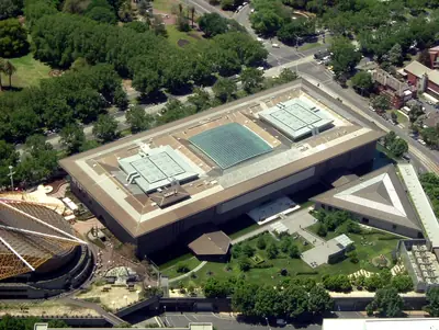 Aerial view of NGV International and its garden, Melbourne
