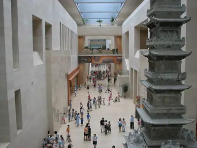 The long main hall of the National Museum of Korea, with the pagoda at the far end