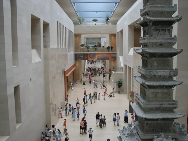 The long main hall of the National Museum of Korea, with the pagoda at the far end