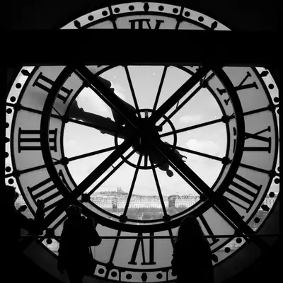 The giant clock window of the Musée d'Orsay looking out over the Seine