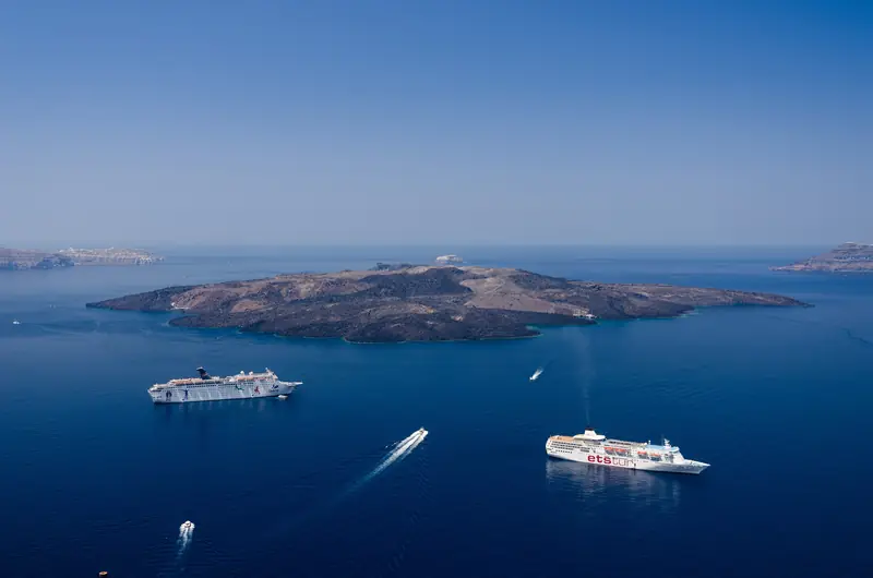 Caldera of Santorini - Nea Kameni - seen from Fira Thira