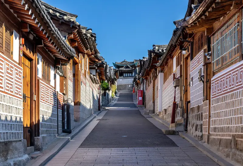 Hanok houses lining a lane in Bukchon Hanok Village
