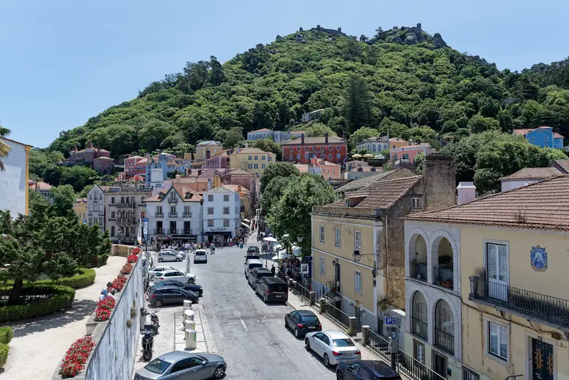 View of the Castle of the Moors from near the National Palace of Sintra in Sintra, Portugal
