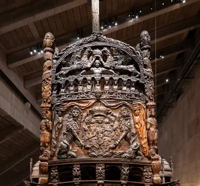 The carved stern of the Vasa ship in the Vasa Museum