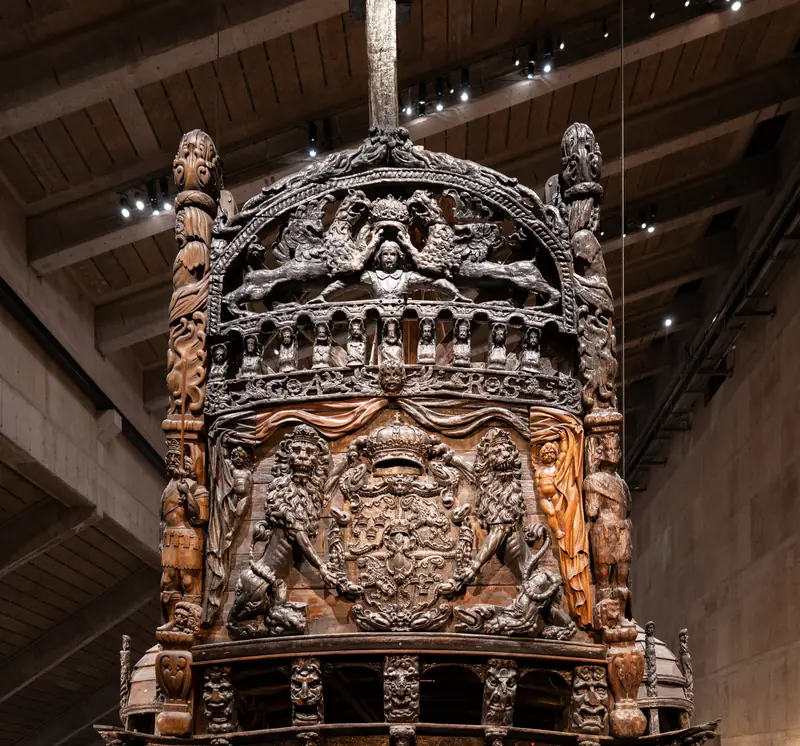 The carved stern of the Vasa ship in the Vasa Museum