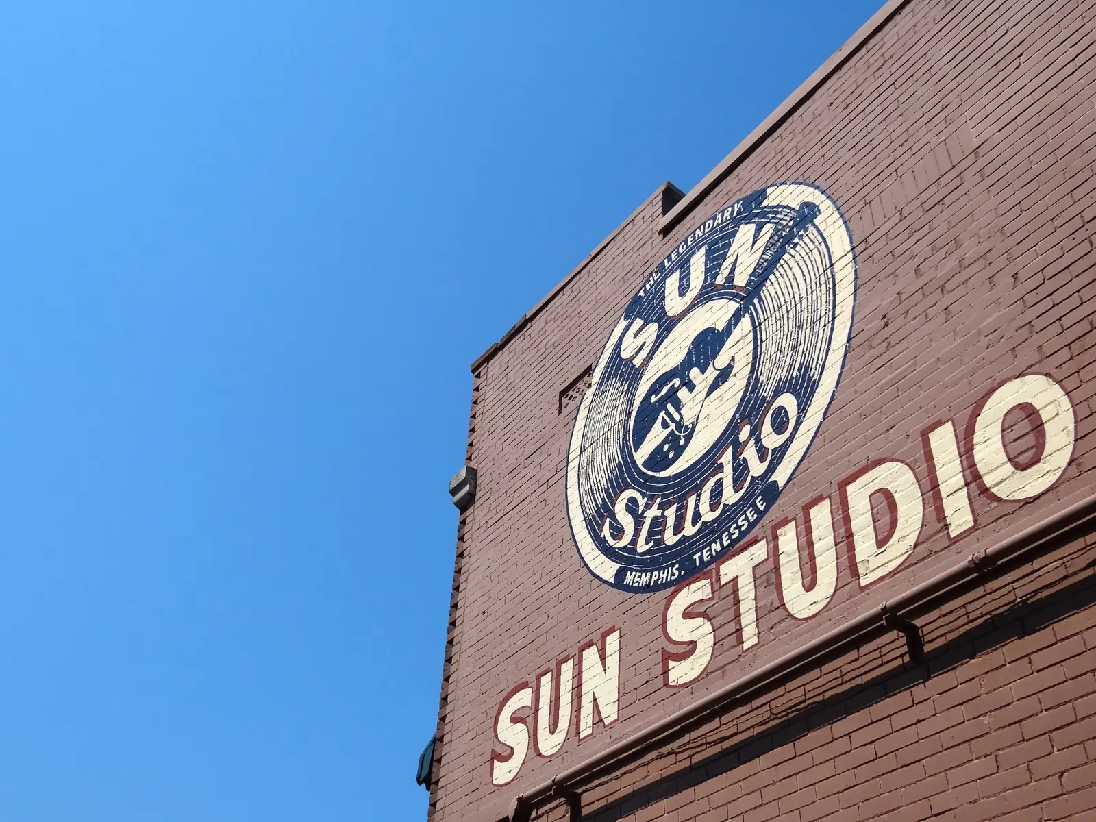 The Sun Studio sign on the brick corner of the building on Union Avenue, Memphis