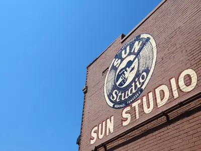 The Sun Studio sign on the brick corner of the building on Union Avenue, Memphis
