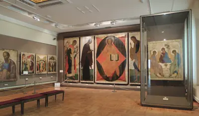 A hall of medieval Russian icons in the State Tretyakov Gallery, Moscow