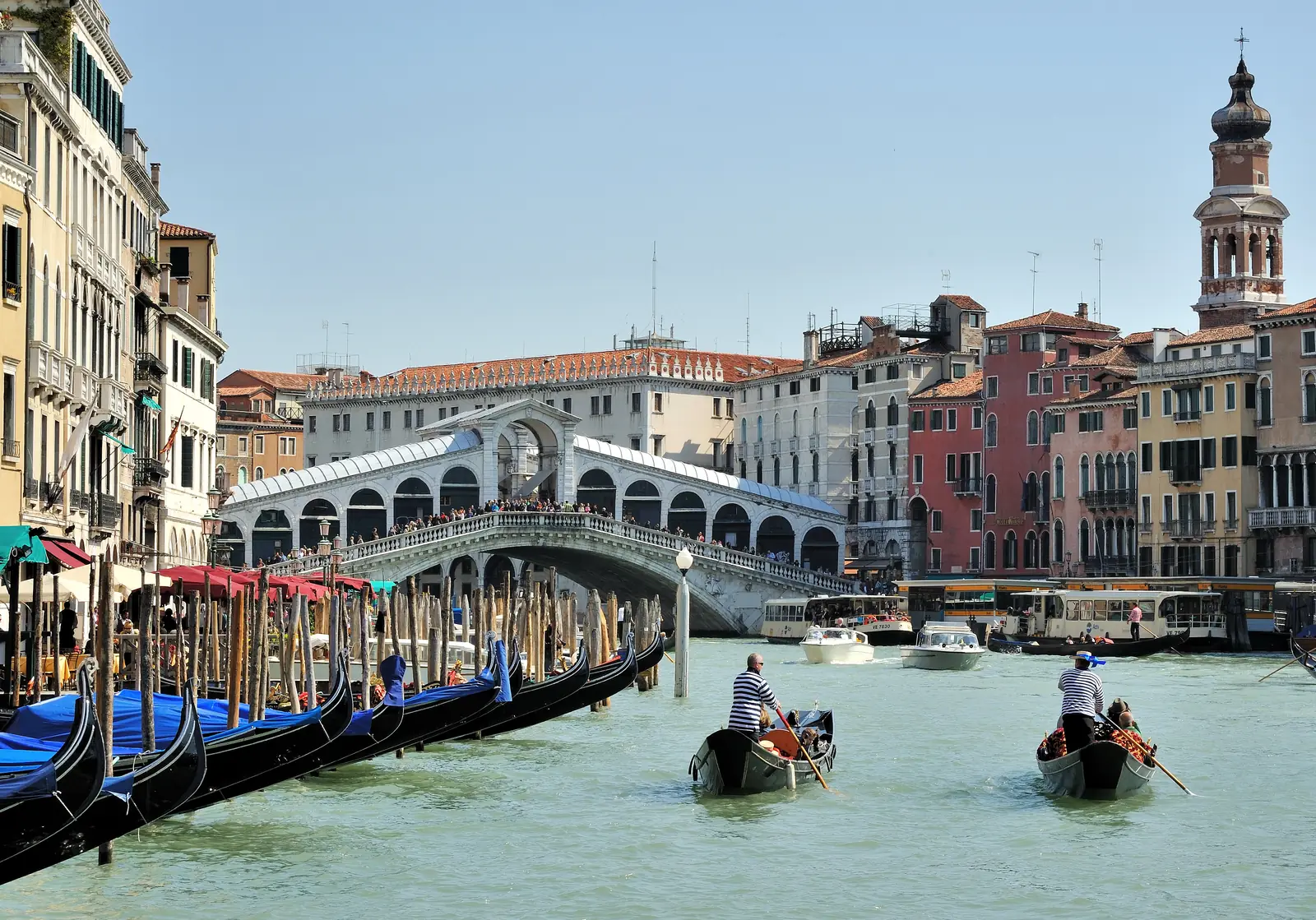 Gondolas and palazzi along the Grand Canal near the Rialto Bridge, Venice