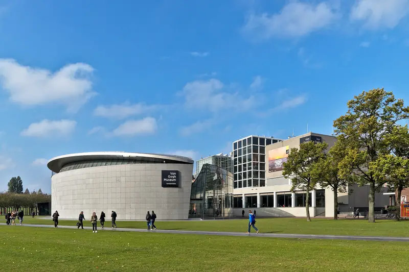The Van Gogh Museum on Museumplein, with the Rietveld building and the oval Kurokawa wing